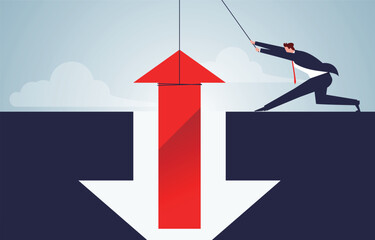 Conquering adversity, turning things around, turning losses into profits, challenging difficulties, economic recovery, businessmen pulling the red arrow upwards from the falling arrow