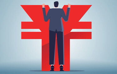 Yen Watch, Yen Economy or China Economy Watch, China Economic Development Forecast, Businessman on his tiptoes looking out over the yen symbol