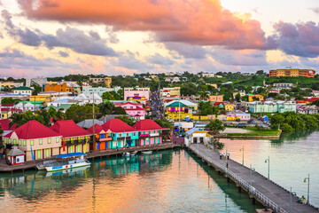 St. John's, Antigua port and skyline at twilight.