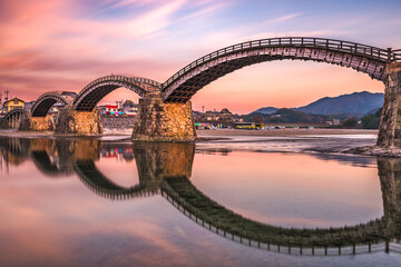 Iwakuni, Hiroshima, Japan at Kintaikyo Bridge at night.