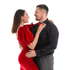 Happy engaged couple hugging on white background