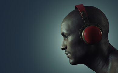 Young man listening on headphones. This is a 3d render illustration