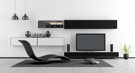 Black and white living room with chaise lounge and home cinema system - 3d rendering