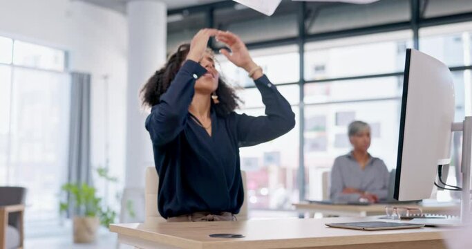 Angry, Stress And A Woman With Paper At Work For Accounting Problem Or Business Anxiety. Burnout, Tired And A Female Accountant With A Document Mistake, Paperwork Fear Or Frustrated With Admin