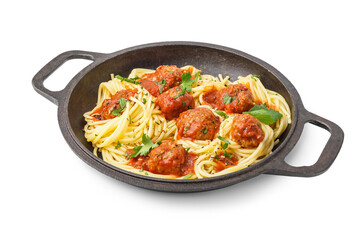 Frying pan of boiled pasta with tomato sauce and meat balls on white background