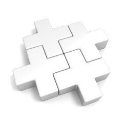 White abstract plus jigsaw puzzle pieces. 3D render illustration isolated on white background