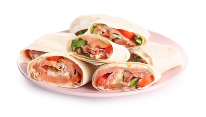 Plate of tasty lavash rolls with fish isolated on white background