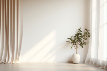Fototapeta na wymiar Room Empty Background A Plant Mockup interior room with curtain an plant in front. clean white room minimal with copy space banner Generative AI
