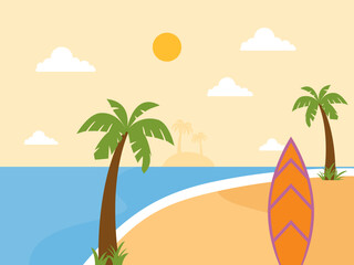 Summer illustration a beautiful beach. Vector illustration. Summer time background