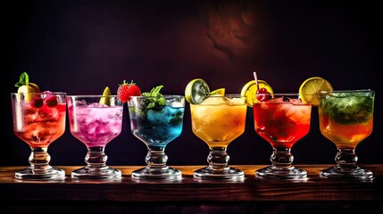 Beautiful row line of different colored alcohol cocktails, bottles