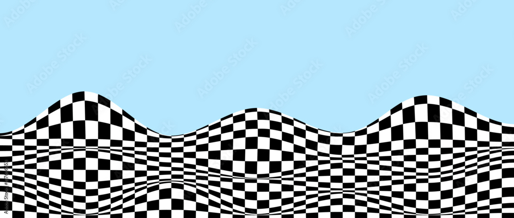 Poster wavy checkered pattern on blue background. black and white curved warped chessboard floor. trippy un