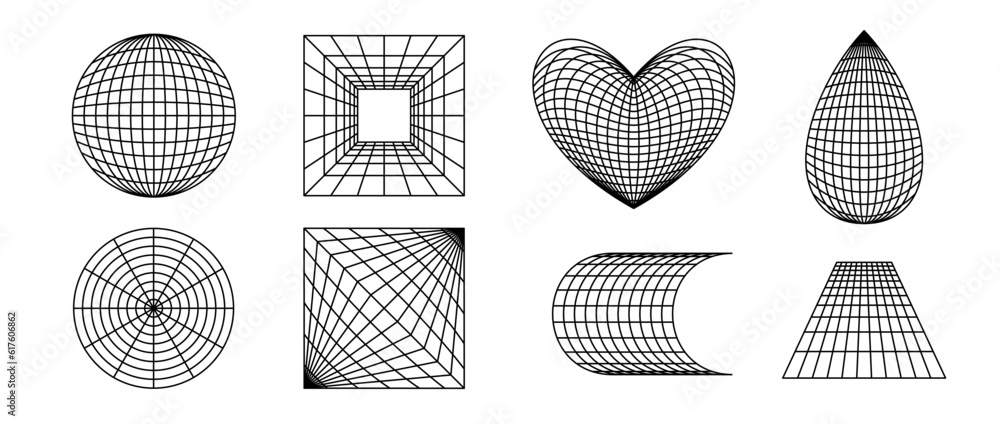 Aufkleber Wireframe forms set. Geometric surface grid of different shape. Distorted perspective planes and objects pack. Vector cube, sphere, heart, drop element bundle for posters, flyers, collages, templates 