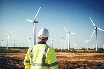 Back view of an engineer looking at wind turbines in the field, Generative AI