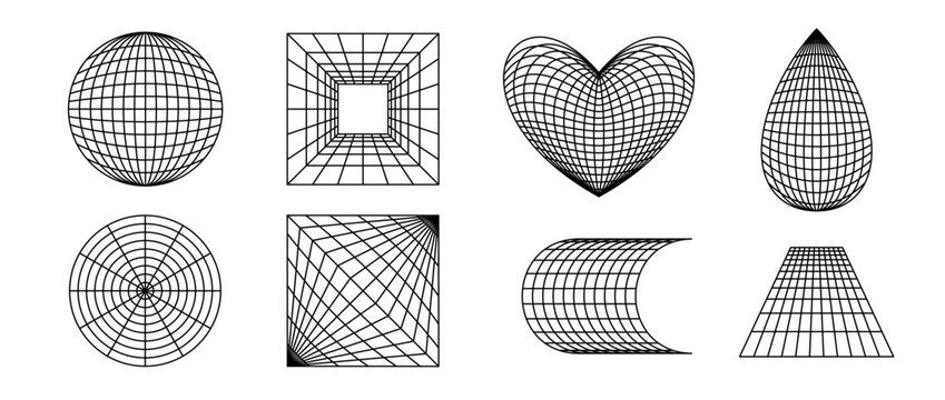 Wireframe forms set. Geometric surface grid of different shape. Distorted perspective planes and objects pack. Vector cube, sphere, heart, drop element bundle for posters, flyers, collages, templates 