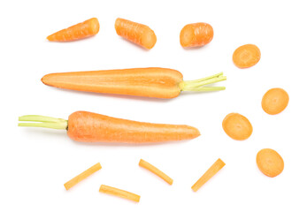 Fresh carrot and slices on white background