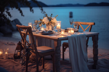 Romantic dinner table is beautifully arranged beside beach, embracing the enchanting ambiance of sunset twilight, creating a perfect setting for unforgettable evening. Generative AI.