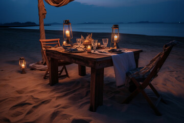 Fototapeta premium Romantic dinner table is beautifully arranged beside beach, embracing the enchanting ambiance of sunset twilight, creating a perfect setting for unforgettable evening. Generative AI.