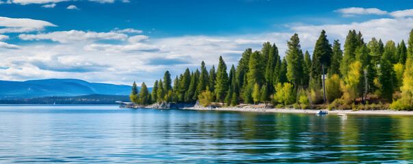Flathead Lake in Montana, panoramic nature, and scenes with river - obrazy, fototapety, plakaty