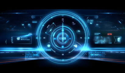 Automotive HUD elements frame. User Interface, frame screens. Callouts titles, computing, and circle percent vitality innovation on hi-tech neon wireframe background