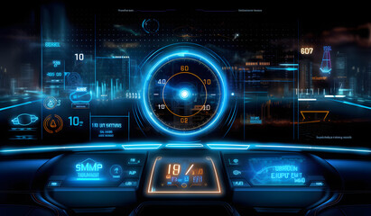 Fototapeta premium Automotive HUD elements frame. User Interface, frame screens. Callouts titles, computing, and circle percent vitality innovation on hi-tech neon wireframe background