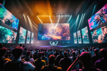 Fototapeta esports arena, filled with cheering fans and colorful LED lights. Players compete on a large stage in front of a massive screen displaying the game, generative AI obraz