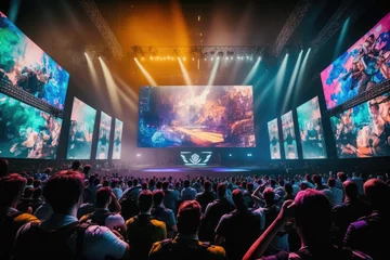 Fototapeten esports arena, filled with cheering fans and colorful LED lights. Players compete on a large stage in front of a massive screen displaying the game, generative AI © Kien