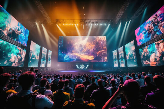 esports arena, filled with cheering fans and colorful LED lights. Players compete on a large stage in front of a massive screen displaying the game, generative AI