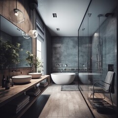 Modern bathroom with large shower. 3D. generative ai