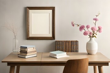  interior designs with table, lamp, frame and books with vase of flowers Generative Ai