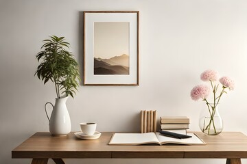 Fototapeta na wymiar interior designs with table, lamp, and books with vase of flowers Generative Ai