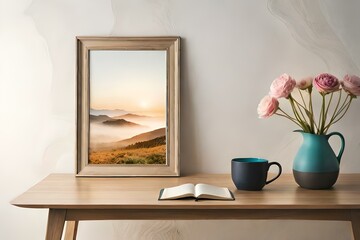 interior designs with table, lamp, and books with vase of flowers Generative Ai