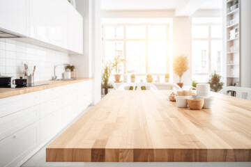 Wooden light empty table top in modern white kitchen, kitchen panel in interior. Template showcase scene for advertising products © ximich_natali
