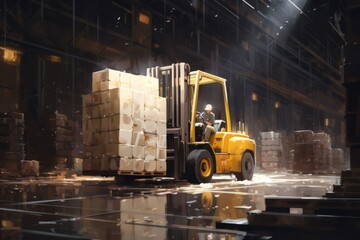 forklift drives along the industrial warehouse realistic, stacks of moving boxes light and dark tones, Streamline Pallet and Box Loading Process, illustrations Generative AI
