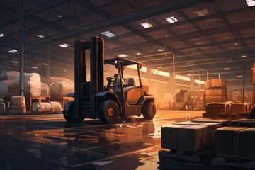 forklift drives along the industrial warehouse realistic, stacks of moving boxes light and dark tones, Streamline Pallet and Box Loading Process, illustrations Generative AI