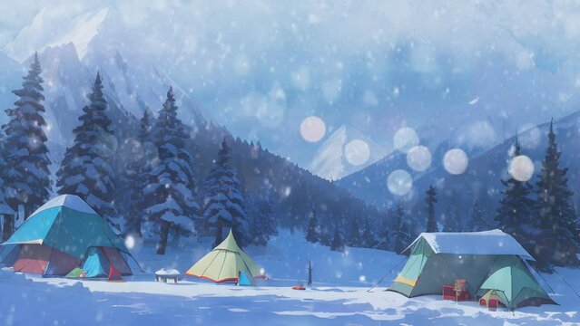 natural scenery of mountains during winter and snowing in Japanese anime or cartoon watercolor painting style. Wildcamping and wildlife adventure atmosphere. seamless and looping animated video.