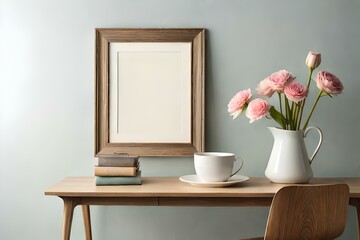 interior designs with table, lamp, and books with vase of flowers Generative Ai