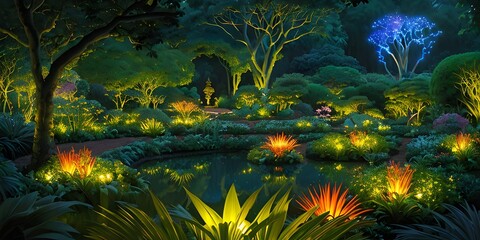 A night scene of a garden with a pond and trees