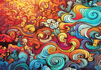 Fototapeta na wymiar doodle style lines evoke the mesmerizing patterns of rolling sea waves or vibrant clouds in the colorful sky, creating a captivating visual experience. Generative AI.