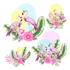 Tropical geometric composition with flamingos, banana leaves, flowers