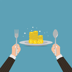 Businessman eating coins in the dish design vector illustration