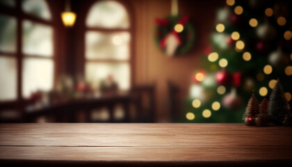 Empty wooden table with christmas theme in background