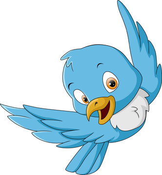 Cute happy blue bird cartoon flying