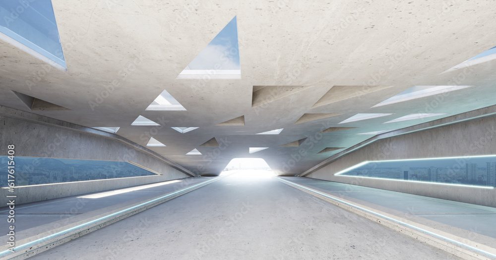 Poster 3d empty concrete floor and roof interior architecture with triangular element design