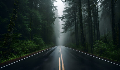 A dark empty two-lane quiet foggy road