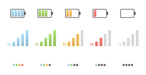 Obraz premium Mobile phone system icons vector set. Phone signal strength, battery charge level and loading symbol