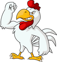 Cute muscular rooster cartoon on white background