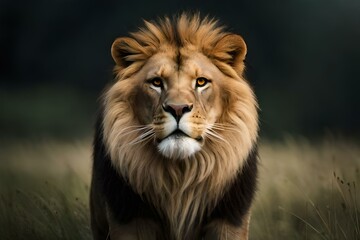 Obraz premium Powerful male king lion with dark back ground generated by AI tool