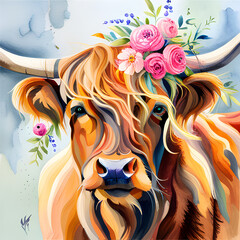Beautiful watercolor highland cow with flowers on her heand floral headboard 
