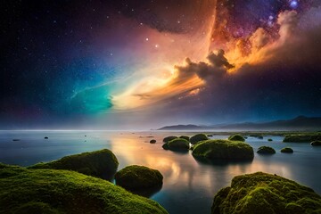 Fototapeta na wymiar Amazing starry sky and trees reflecting in lake at night 