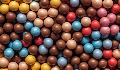 Colorful sweet balls candies closeup, Top view multicolor chocolate Ball texture